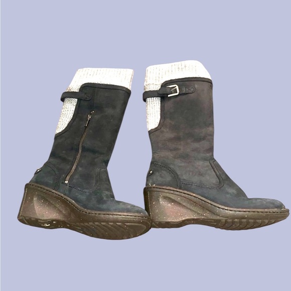 UGG Australia Black Knit Cuff Wedge Boots Size 8 Suede Wool Lined - Picture 2 of 6